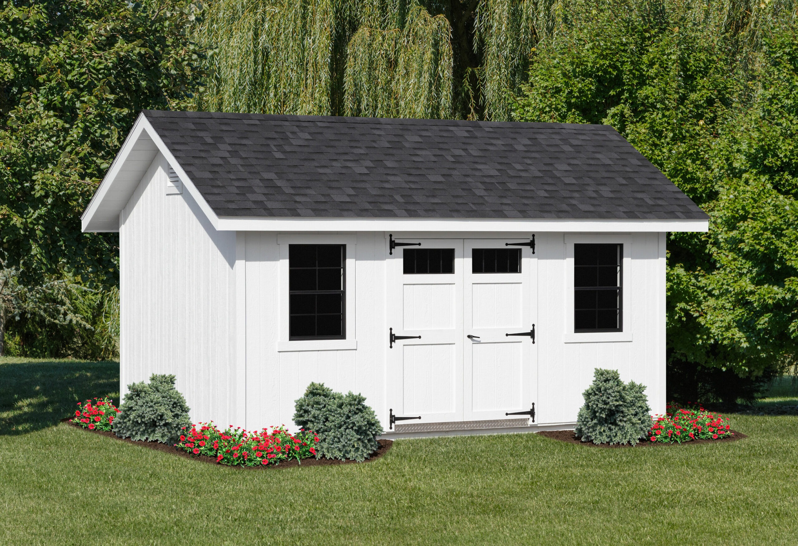 all white shed with white double doors and windows with no trim