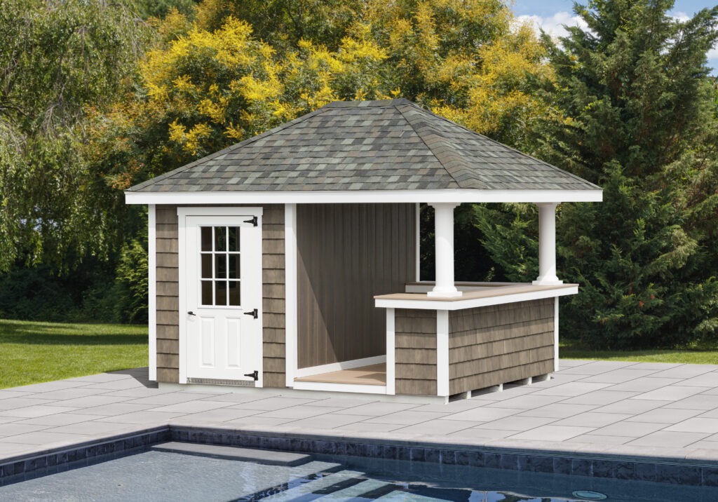 pool shed with outdoor bar and deck