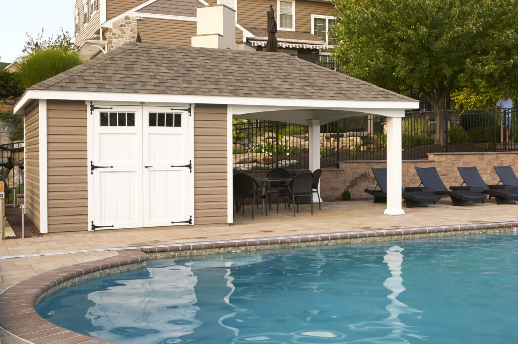 double-door pool shed for patio