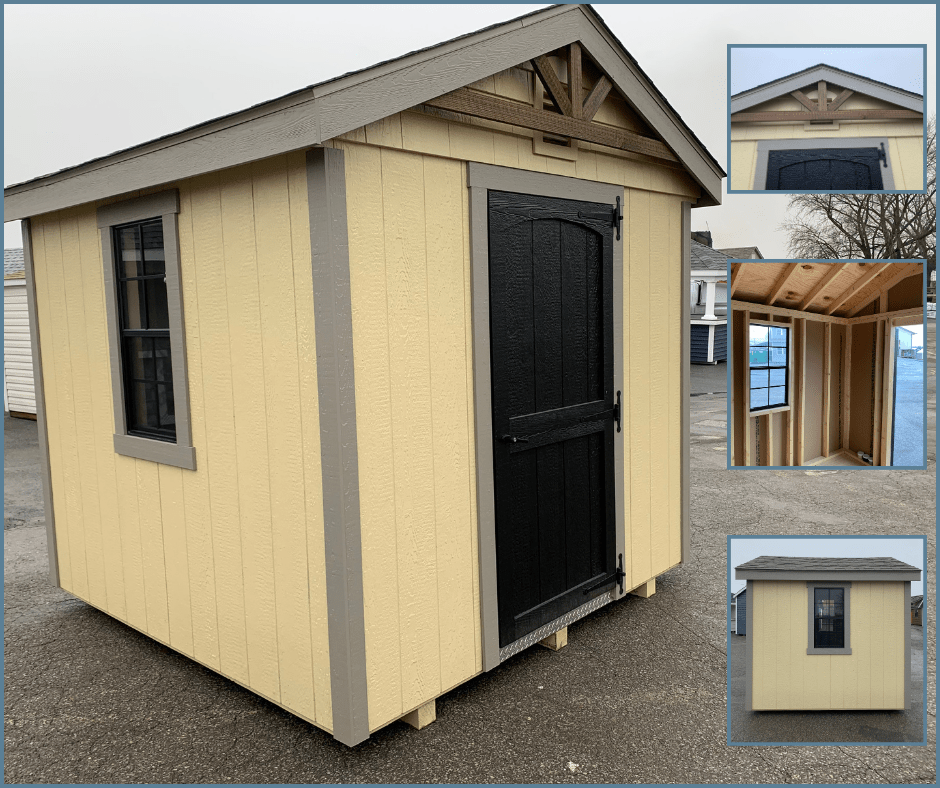 8x8 yellow shed with black door and gable accent 