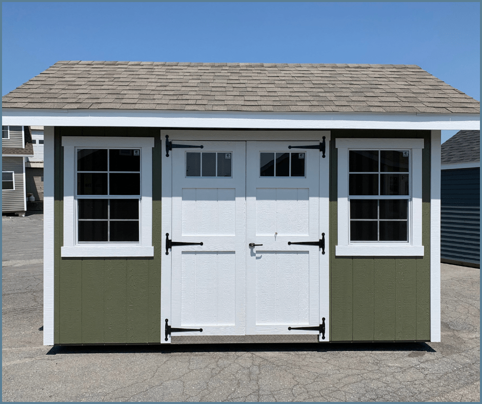 8x12 Mountain sage smartside backyard shed with transom windows in wood doors 