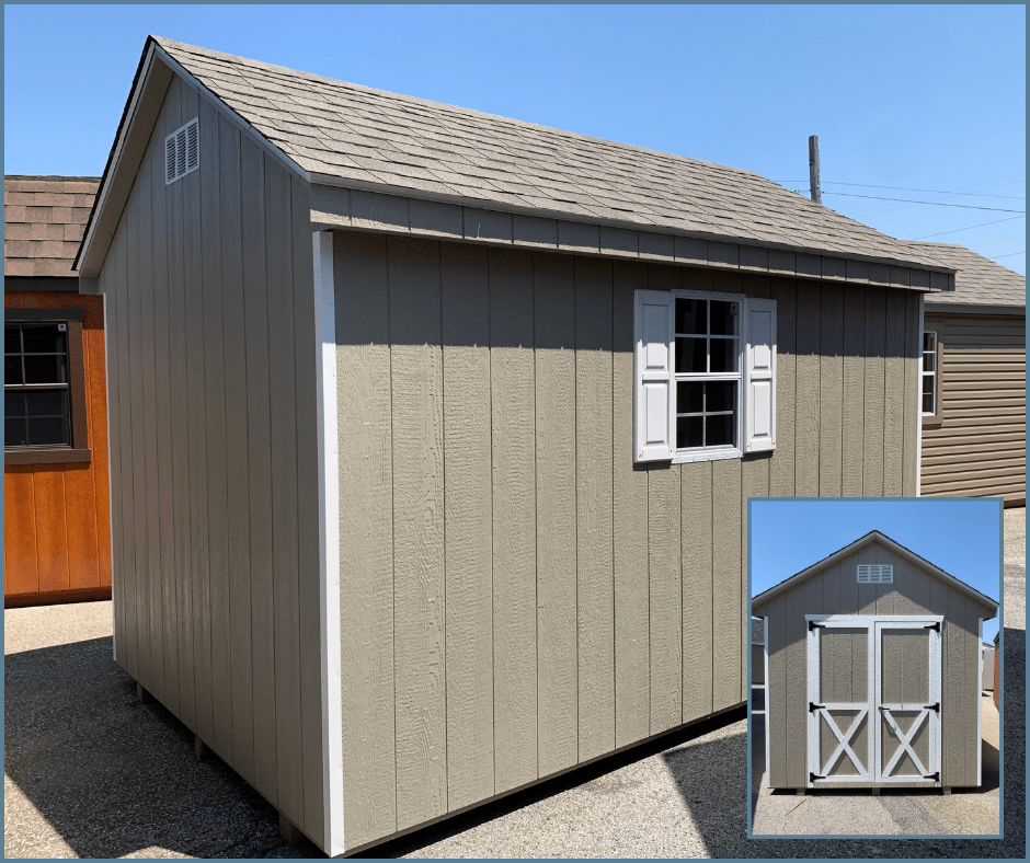 front and back of traditional backyard shed with smartside siding