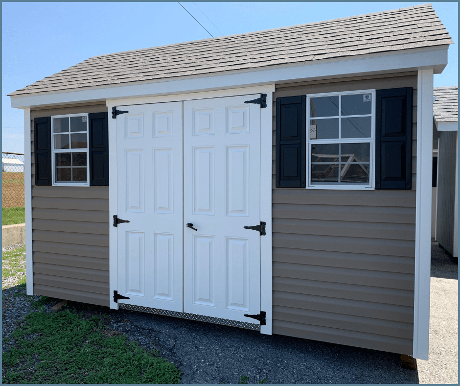 8x12 tool shed with double doors and shutters mastic gray vinyl siding